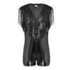 Mädchen Pailletten Quasten Metallisch Jumpsuit Ärmellos Schlüsselloch Rücken Netz Patchwork Body Tanzkleidung