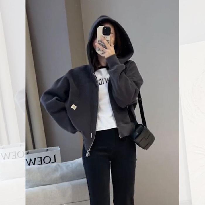 2022 Women s Grey Hooded Cropped Petite Fluffy Cardigan Hoodie Jacket Large