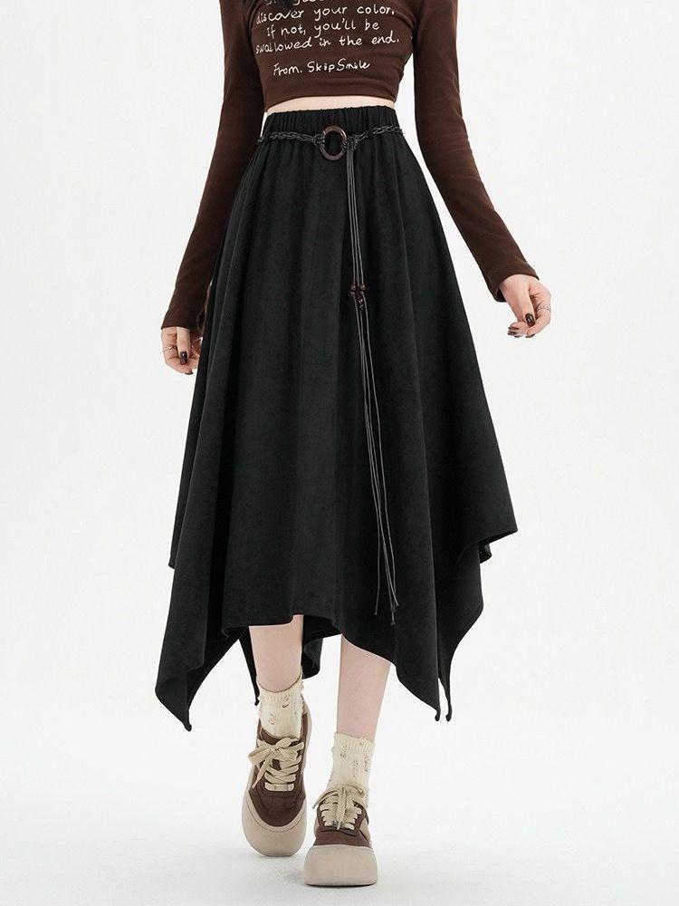 Fustă midi Maillard din piele întoarsă neregulată 2025: Fustă nouă cu talie înaltă, subțiatoare, cu tiv drapat