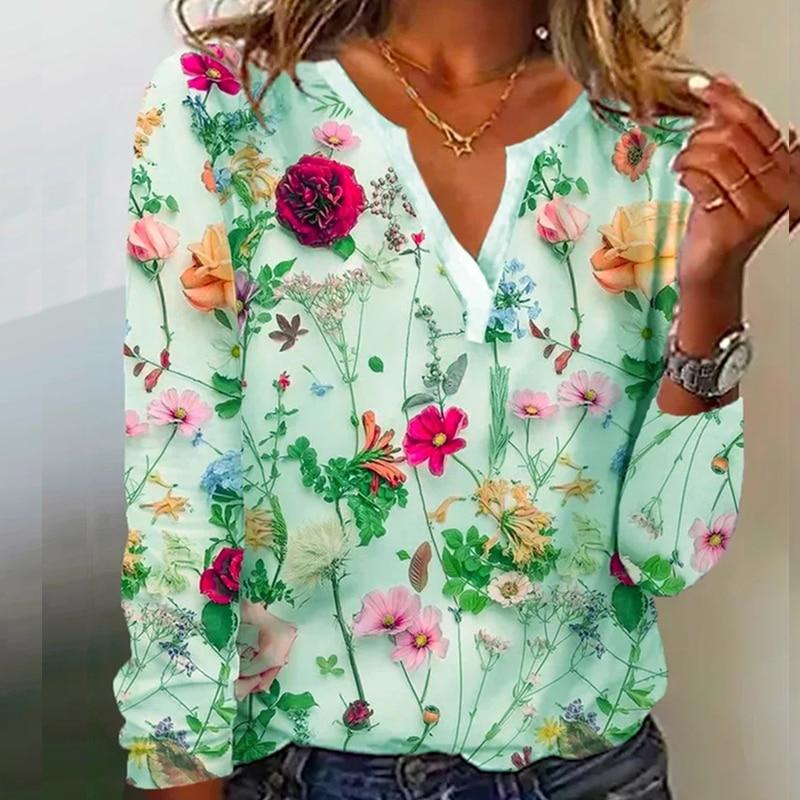 Eleganta kontorstoppar Dam Casual Växt Blommönster Skjorta Kvinna Vintage V-ringad Långärmad Blus Damkläder 25966
