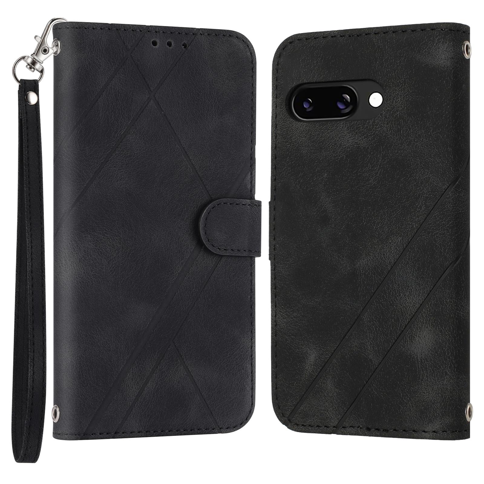 

For Google Pixel 9a Case Imprinted Line Leather Phone Cover with Handy Strap E