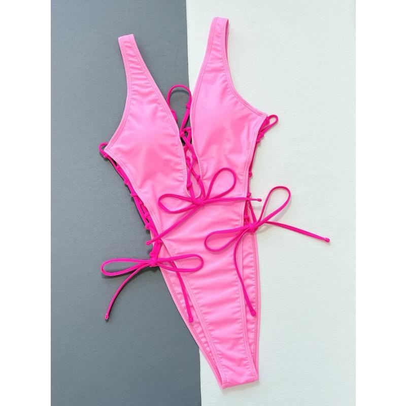 2025 Pink Lace Up Strapped Swimwear Women Sexy Hollow Push UP One Piece Swimsuit Blackless Beach Bathing Suit