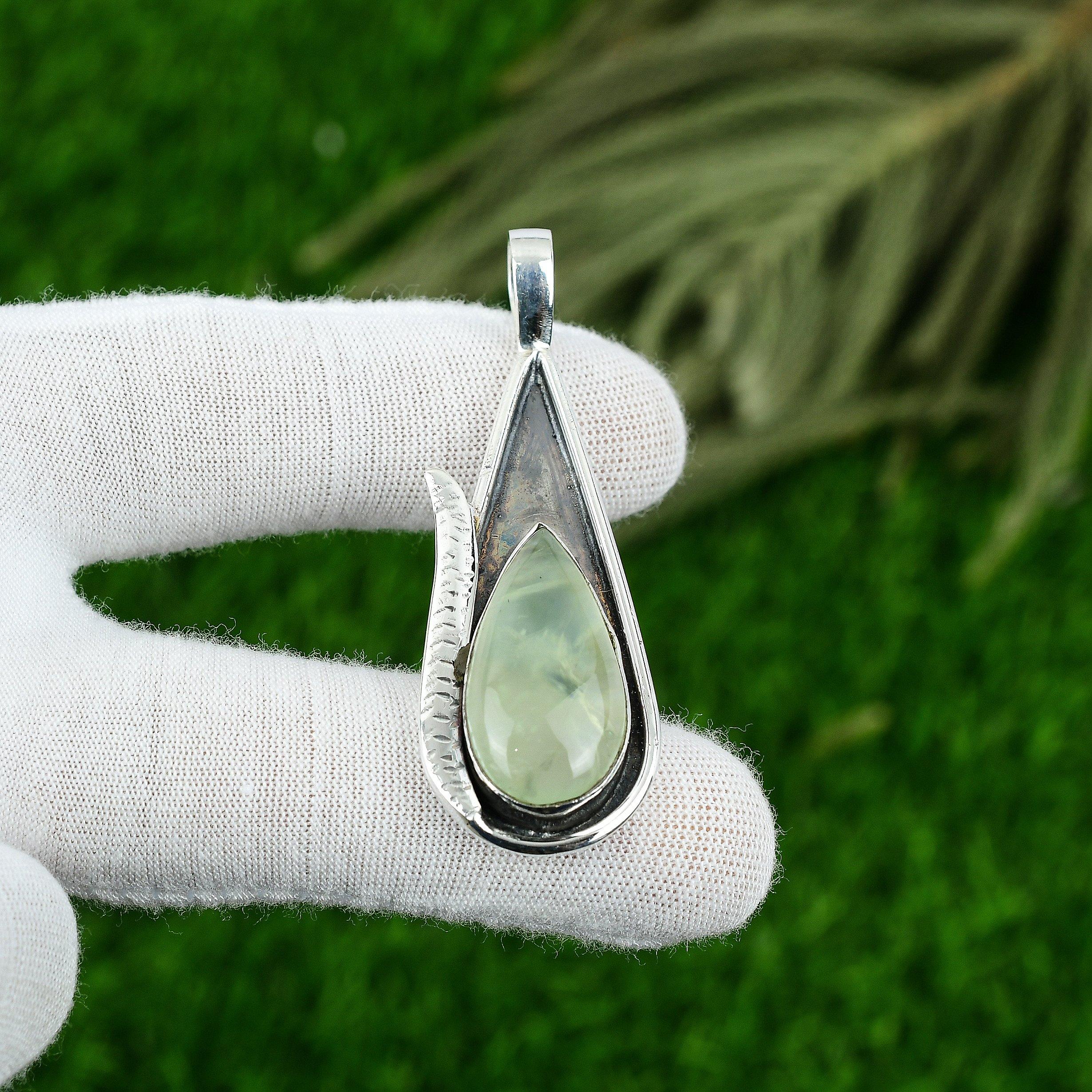 

Pear Prehnite Gemstone 925 Silver Mother Bezel Unique Trendy New Pendant Jewelry
