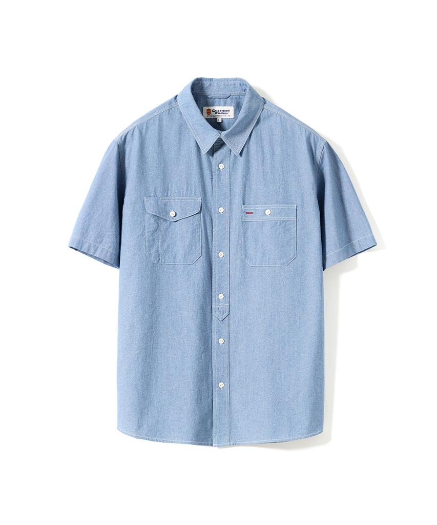 Geonjiulleunseu Chambray Work Short Sleeve Shirt - Light Blue