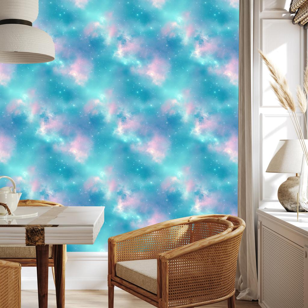 Watercolor Galaxy Wallpaper Turquoise, Blue and Celadon 50x1000