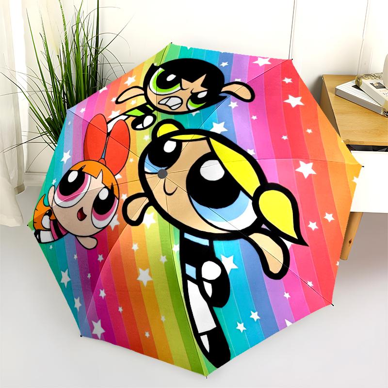 1PC The Powerpuff Girls Umbrella Portable Folding Umbrella Iron Frame Hole Bone Structure Outdoor Home Umbrella A7
