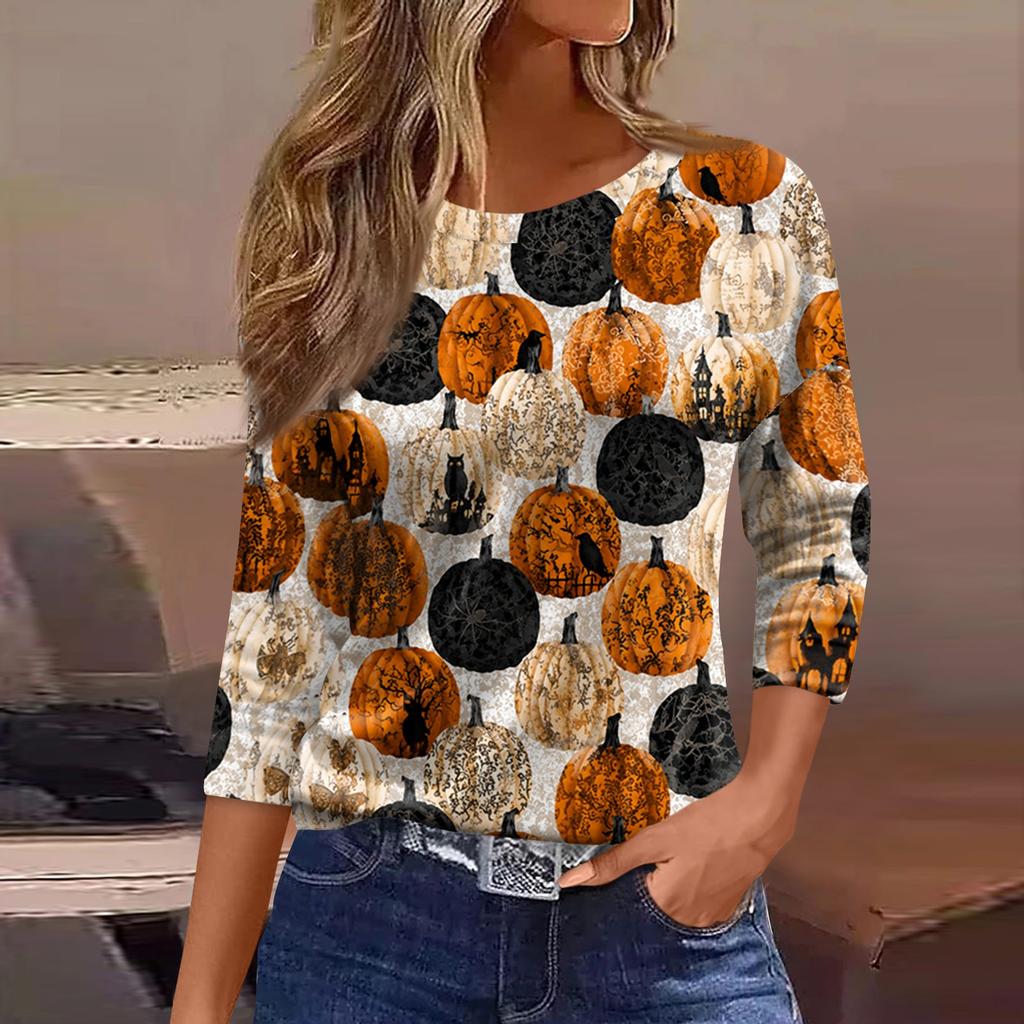 Women's Casual 3/4 Sleeve Halloween Print Round Neck Blouse for Party and Daily Wear