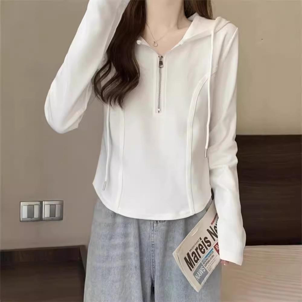 Hooded Long-sleeved T-shirt for Women's Spring and Autumn Thin Sweatshirt Underwear, New White Short Fish Bone Top