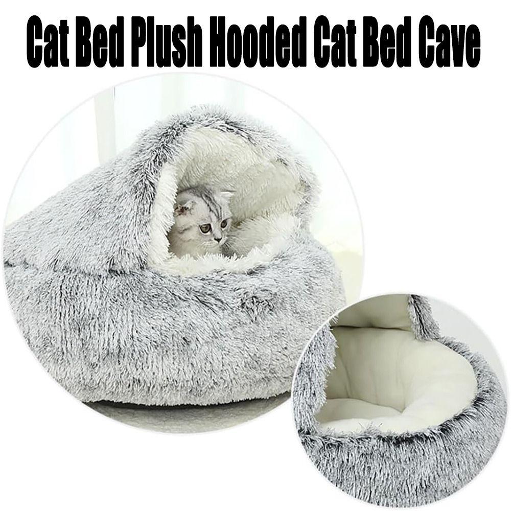 Round Puppy Bed Fluffy Plush Hooded Dog Tent Waterproof Cat Bed Cave  Snooze