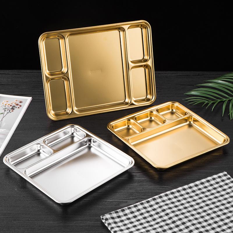 Gold Compartment Dining Plate For Food Serving Trays Stainless Steel Divided Dishes Kitchen Tableware Organization Container