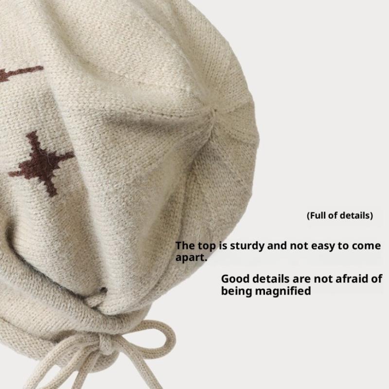 Star Pattern Curling Drawstring Beanies For Women Autumn And Winter Warm Ear Protection Versatile Retro Knitted Pullover Hats