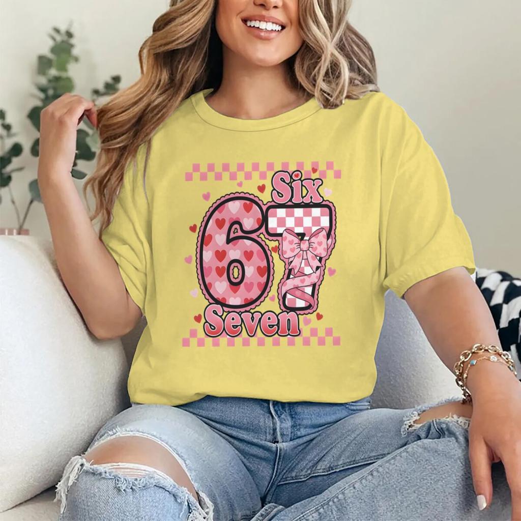 Vintage Grid Number 67 Sweet Coquette Bow Valentine's Day T-shirt Women Men Funny Six Seven Trend Y2K Tees Tops Gift