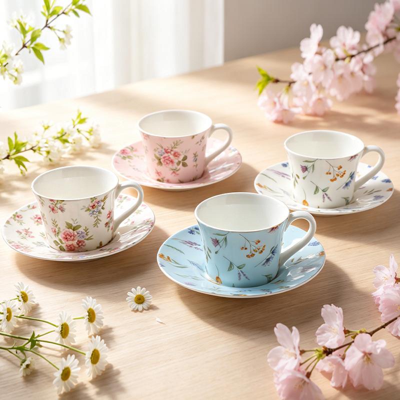 300ML French Ceramic Small Floral Coffee Mug Saucer Exquisite Afternoon Tea Flower Tea Cup Vintage Latte Cup Home Breakfast Mug