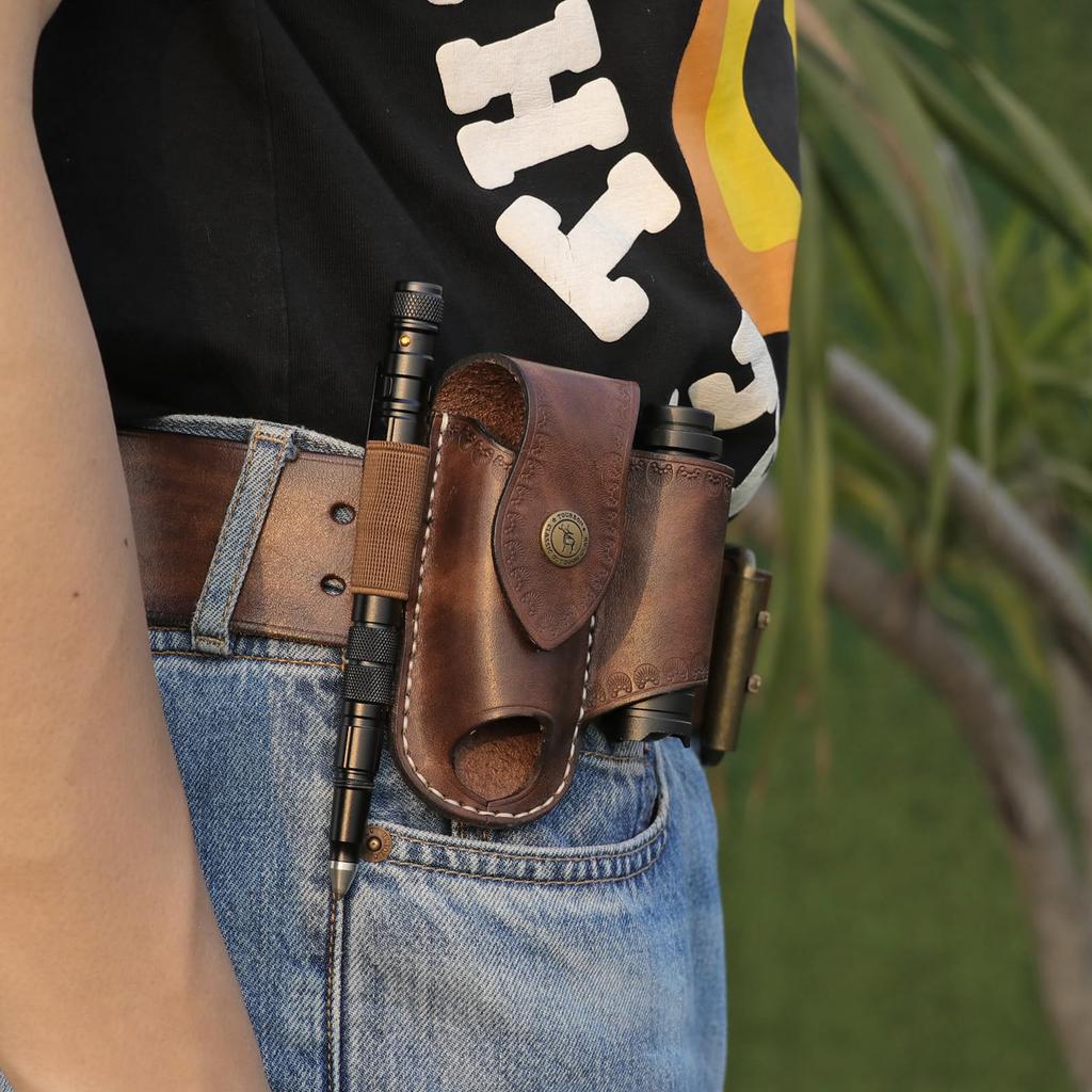 TOURBON Holder Belt Tool Pouch Leather Flashlight Pliers Storage Bag Multi-Tool Multi-Function