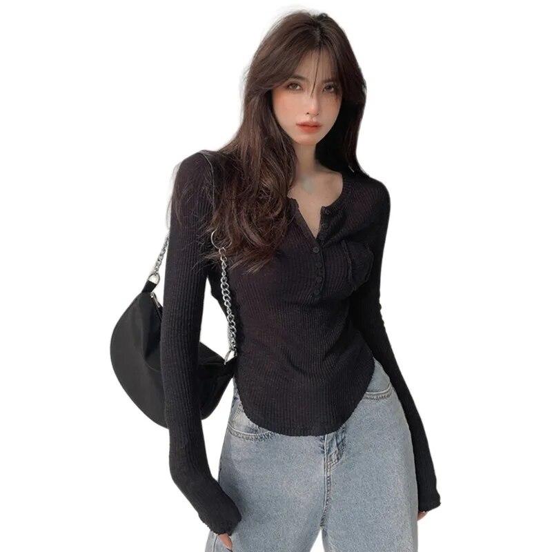 

Футболка женская тонкая солнцезащитная с v-образным вырезом, короткая, облегающая, рубашка с длинными рукавами M