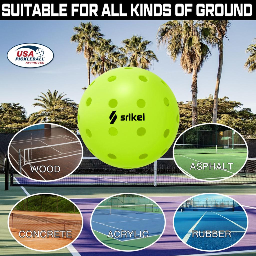 Srikel Outdoor Pickleball - USAPA Approved, Seamless Rotomold Design for Durability, 4-Pack Greens, 40 Holes of Crack-Resistant Pickleball for