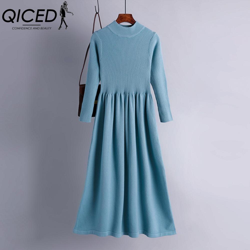 

QICED Женская мода весна осень однотонный принт с длинным рукавом и высокой талией повседневные платья one size синий