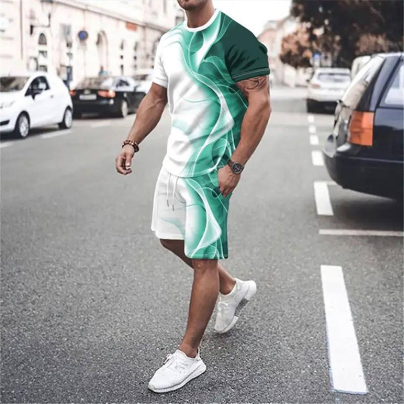 Nueva Camiseta con Textura Degradada para Hombre Traje de Verano de Dos Piezas Nuevos Pantalones Cortos Moda Impresión 3D Streetwear Casual Ropa Deportiva Modelos para Hombre