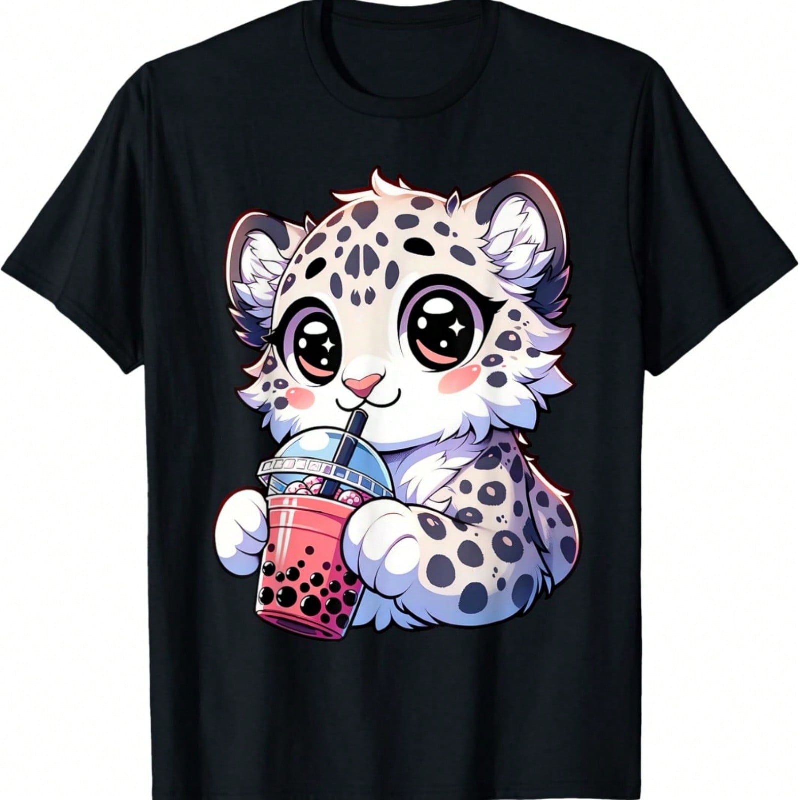 Snow Leopard Boba Anime Bubble Tea Kawaii T-Shirt S