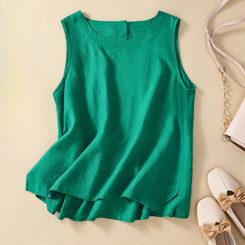 Summer Literature Loose Solid Color Cotton Linen Round Neck Sleeveless T-shirt for Women's Vest Top