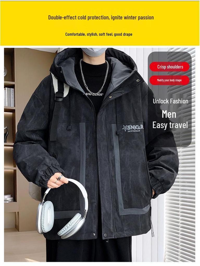 Men's Fleece-Lined Hooded Workwear Jacket - Autumn/Winter 2025 Trend, Windbreaker, High-End Feel, Loose Fit.