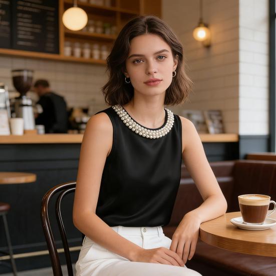 Damska kamizelka jedwabna satynowa bez rękawów z kołnierzem z sztucznych pereł luźny krój letnie topy formalne półformalne