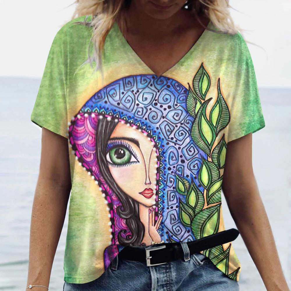 Facial Printed T-shirt Short Sleeved Top Casual Street Women's T-shirts