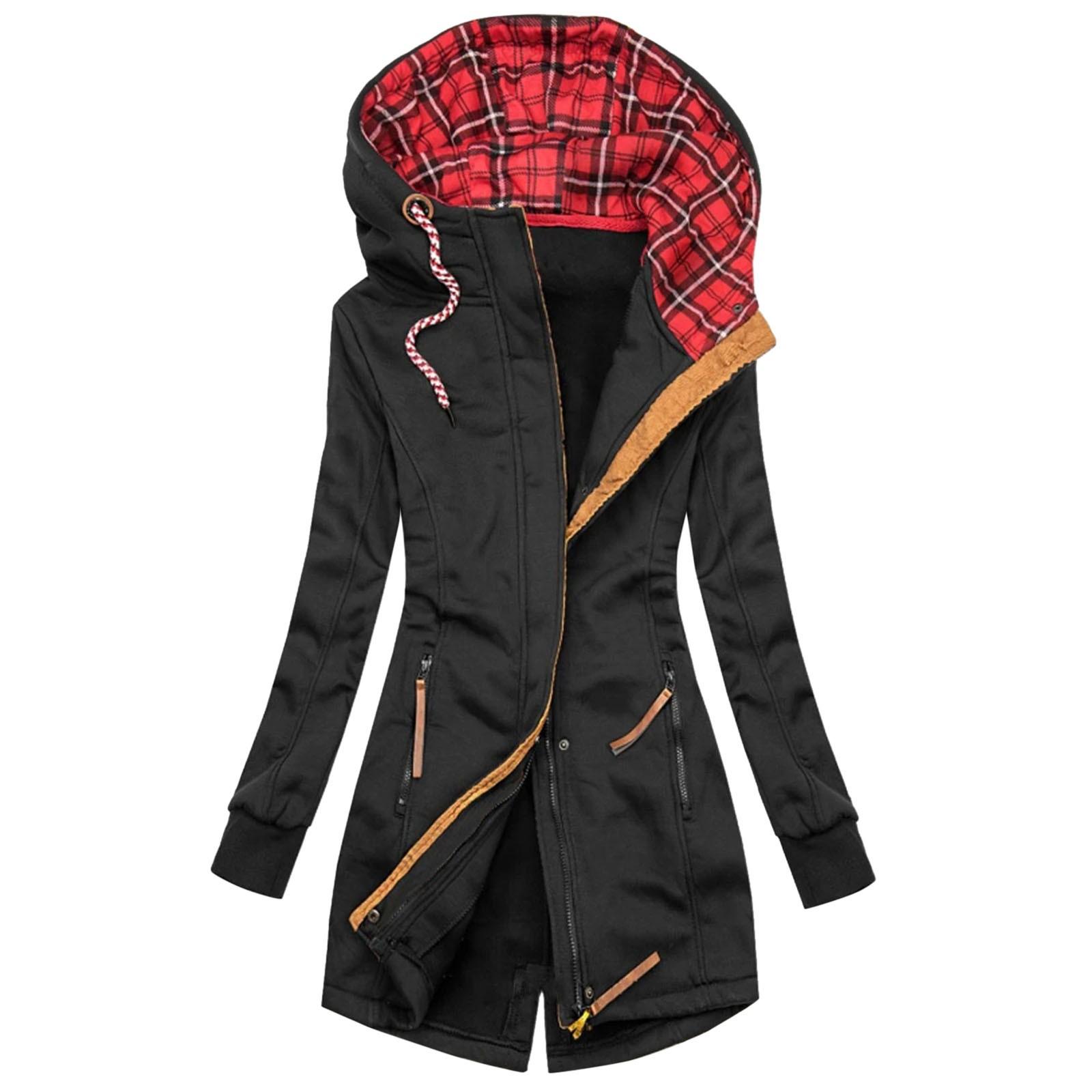

Women Fashion Plaid Print Jacket Zipper Pocket Sweatshirt Long Sleeve Coat S чорний