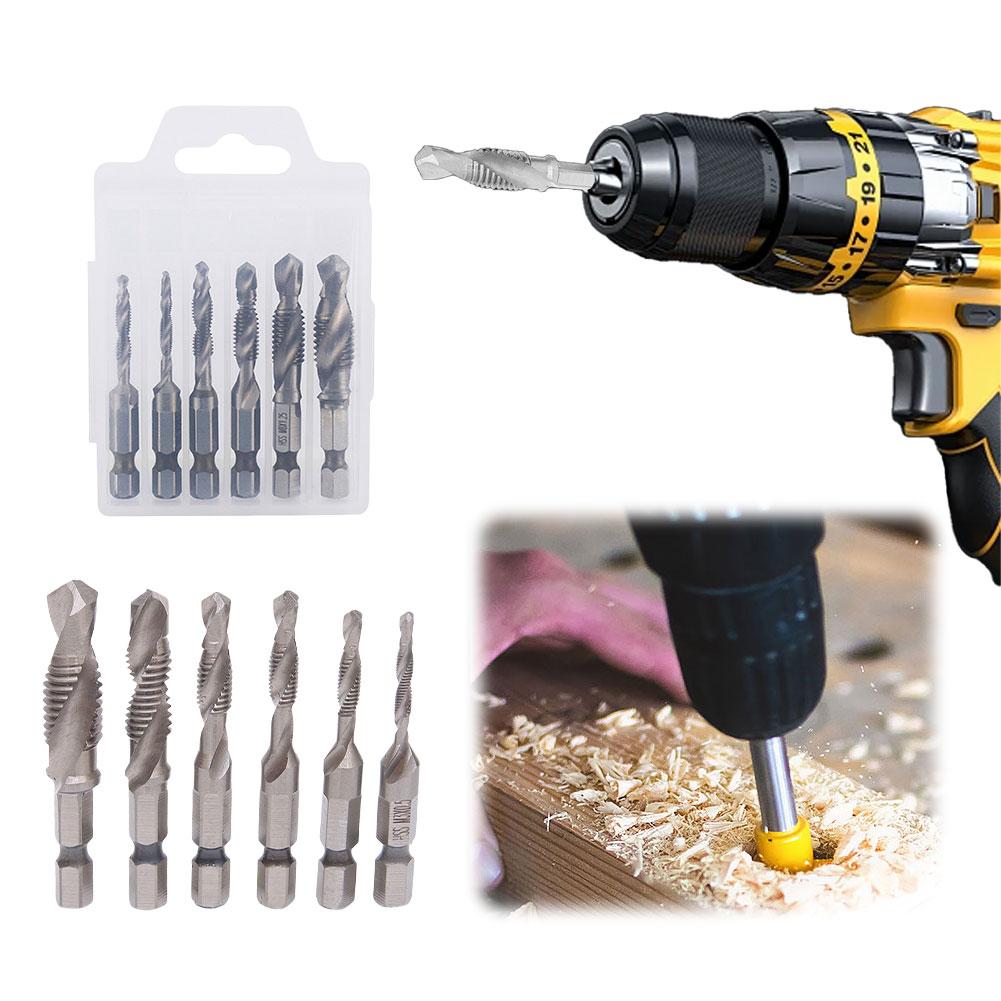 6 Pcs M3-M10 Screw Tap Drill Bits Metric HSS Taps Countersink Deburr Set Hex Shank Tap Bit Set for Metal Steel Wood Plastic