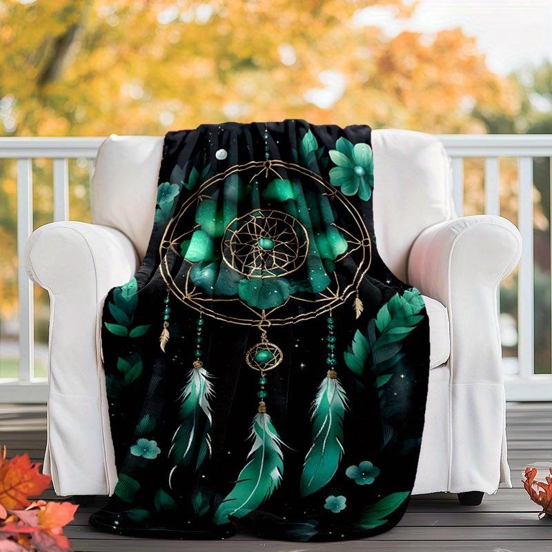 1pc Green Dream Catcher Printing Lightweight Flannel Blanket, Comfortable and Warm Blanket, for Camping Sofa Bed and Couch Office, Suitable f