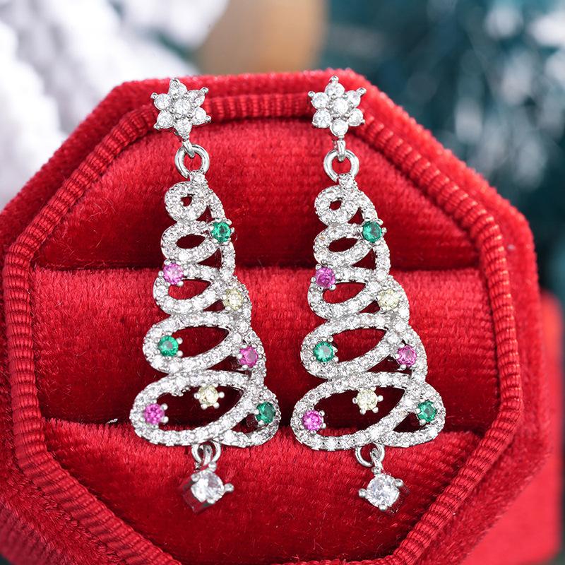 Christmas tree spiral line earrings female, flash inlaid zircon jewelry, star pendant