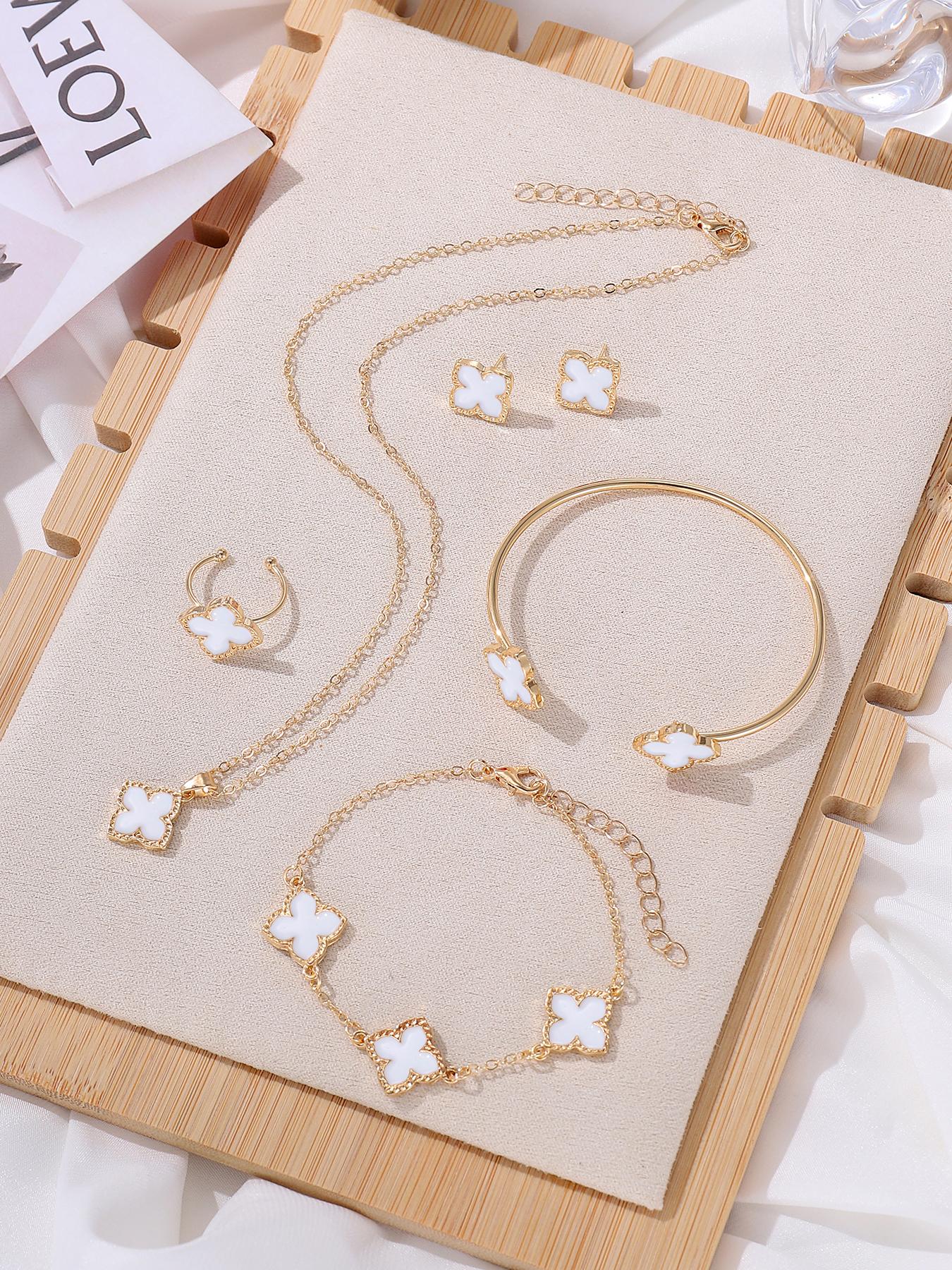 6 Pcs Four Leaf Clover Earring Necklace Bracelet Bangle Ring Jewelry Set for Women