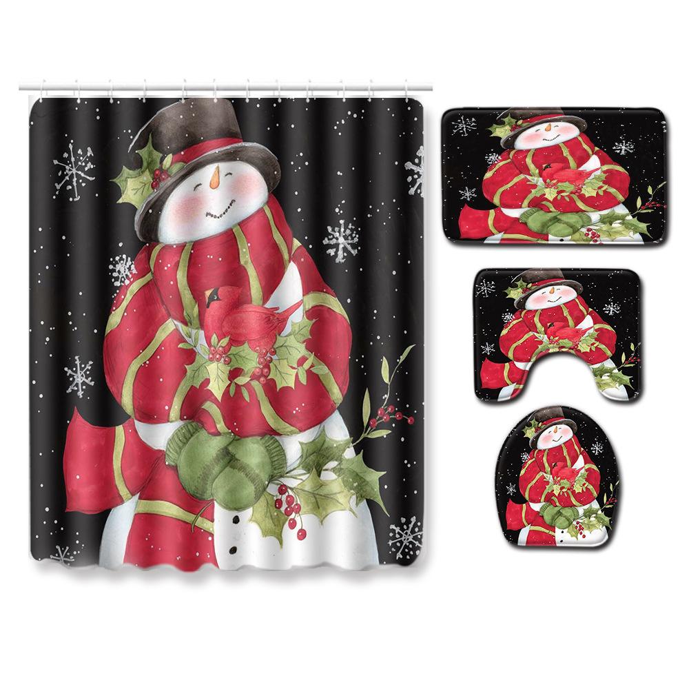 Christmas Shower Curtain Floor Mat Combination Four-Piece Set Bathroom Non-Slip Mat Toilet Absorbent Door Mat Carpet
