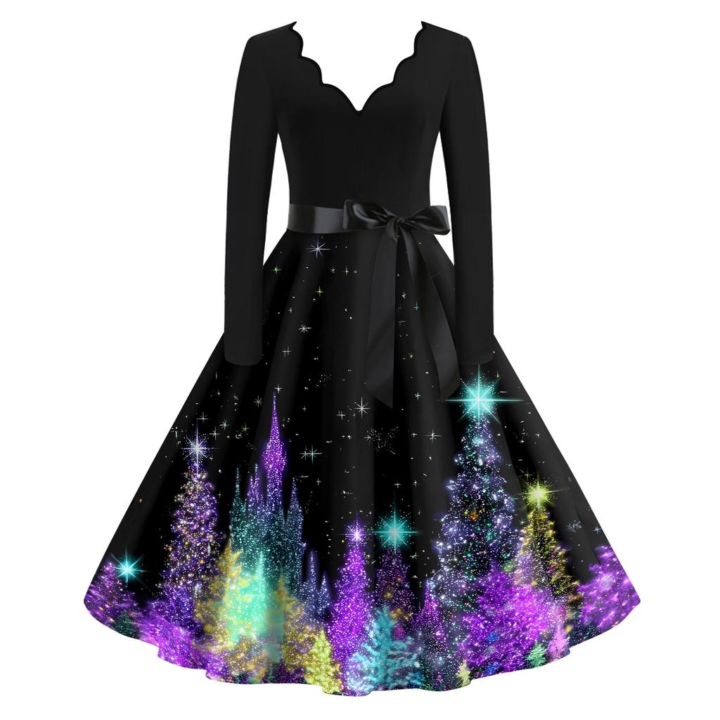 Women's Casual Christmas Print V Neck Vintage Dress for Holiday Party and Everyday Wear