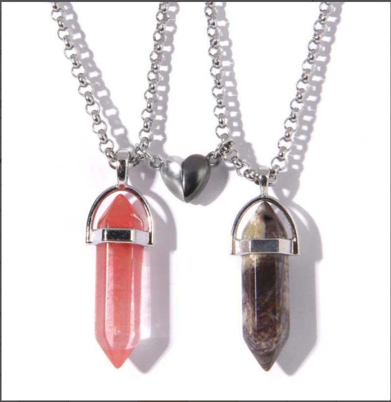 European & American Jade Hexagonal Bullet Pendant Magnetic Couple Necklace - Natural Stone Crystal