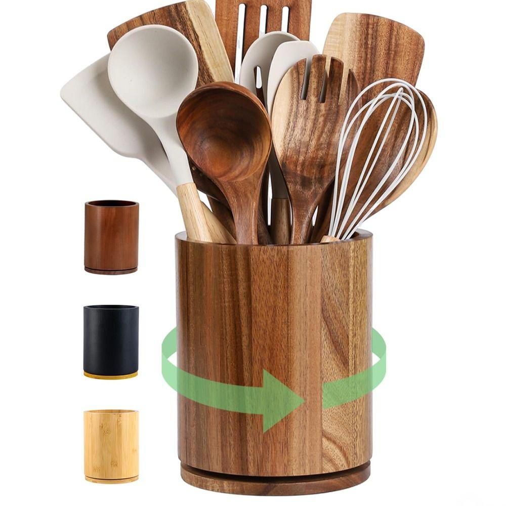 360° Rotating Cutlery Holder Wooden Storage Rack New Kitchen Utensil Holder  Countertop Use