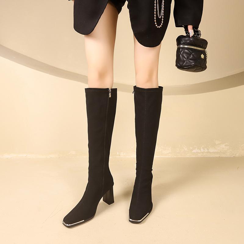 Boty pro ženy 2024 Módní Zip Dámské kozačky Podzim Zima Čtvercová špička Jednobarevné Vysoká holeň Robustní podpatky Kozačky Zapatos De Mujer