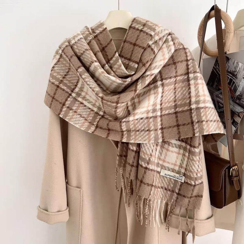 Plaid Korean Style Scarf 2025: Imitation Cashmere, Tassel Shawl for Autumn/Winter, Warm Thick Neck Warmer for Couples