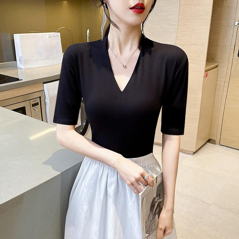 

V-neck Half-sleeved Bottoming Shirt T-shirt Women s Slim Fit Five-point Sleeve T-shirt Top XS чёрный