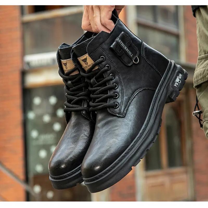 Botas de Cano Curto de Couro Estilo Britânico com Cadarço Botas Masculinas Botas Clássicas de Motociclista Sapatos Masculinos de Cano Alto