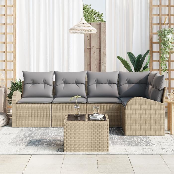 Ensemble de canapé de jardin de 6 pièces avec coussins en rotin poly noir, Canapé de jardin 2 places avec rangement 3354719