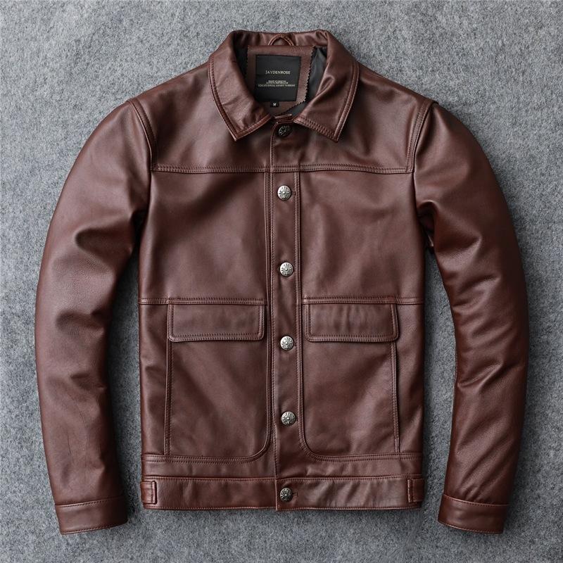 

Новая осенняя куртка из мягкой кожи коровьей кожи высшего слоя с коротким лацканом, коричневая, в стиле кэжуал XXXXL темно-коричневого