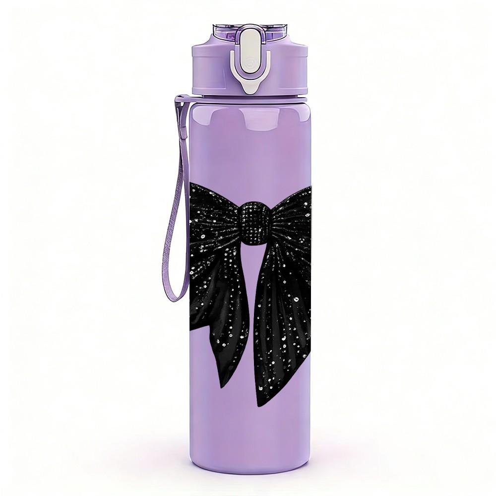 1PC Solid Black Satin Bow Decor Print 750ml Color Plastic Sports Water Bottle Leakproof Flip Straw Lid Suitable for Sports Office Home Use