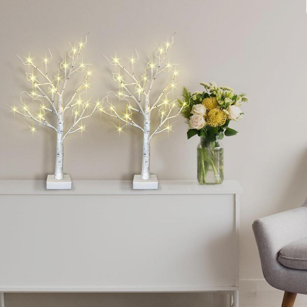 2-Pack Lighted Christmas Halloween Fall Tree Decorations Indoor, 2ft Birch Tree with LED Lights, Small Tabletop Christmas Tree with Lights, Warm