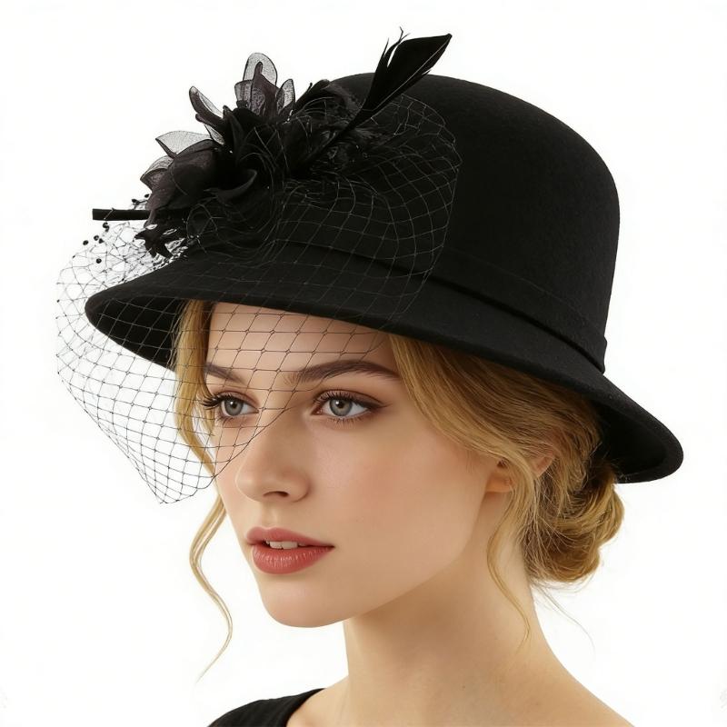 Elegant Feathered Flower Fascinator Hat for Women Cocktail Party Wool Fedoras Hat For Masquerade Parties Dressingup