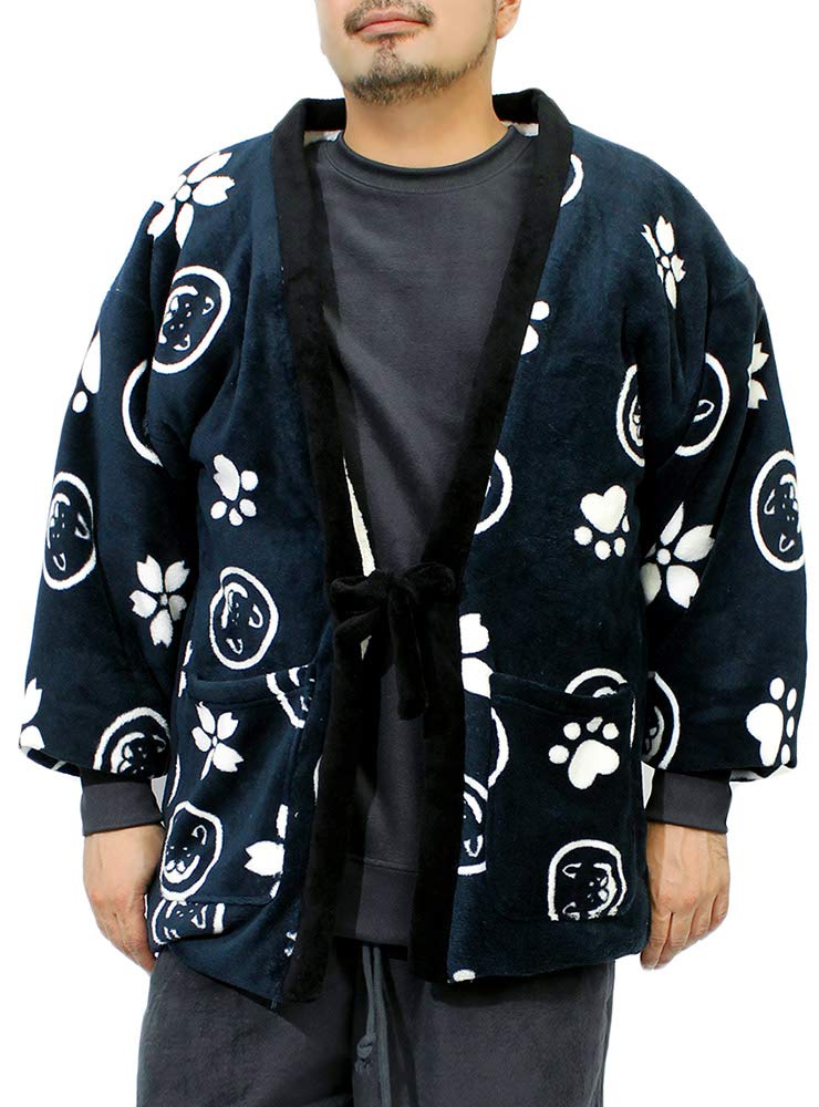 Wankodo Men's Warm Hanten Jacket, Large Size, Boa Fabric, Arabesque Print, Shiba Inu, Kyoto-Originated Mascot, Wankodo Chanchanko, Size LL, Navy