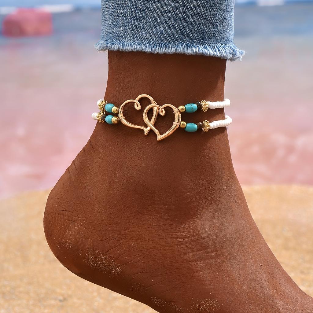 Anklet Bracelets for Women Beaded Anklets 1 Ladies Double Layer Heart Anklet - Boho Style - Daily Occasion, Vacation Occasion
