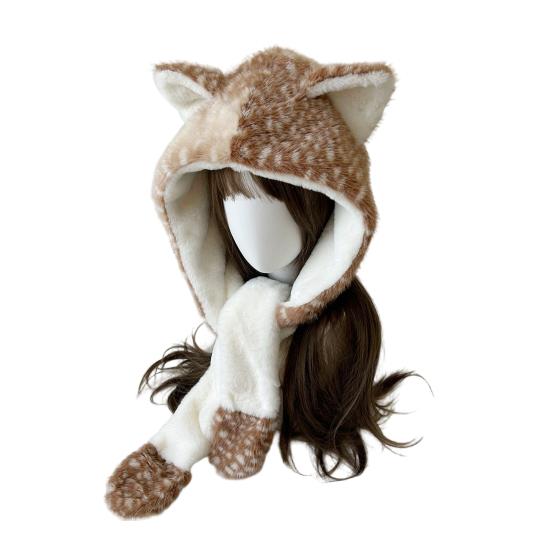 Winter Hat with Ear Flap Scarf Cartoon Deer Design Ear Protection Hat Skiing Camping Travel Headwear
