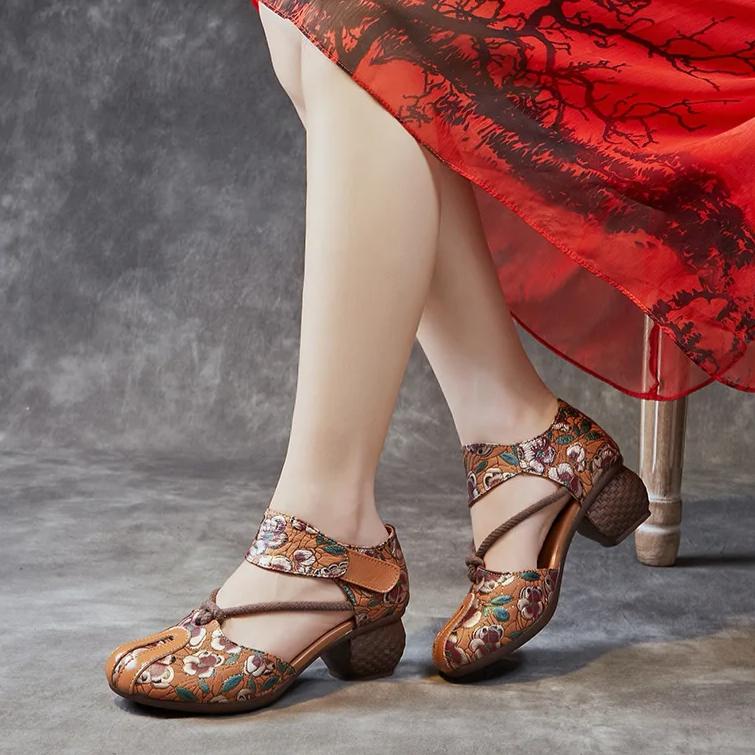 Johnature Letní dámské boty etnického stylu z pravé kůže, embosované, s tlustým podpatkem, s měkkou podrážkou, vintage sandály