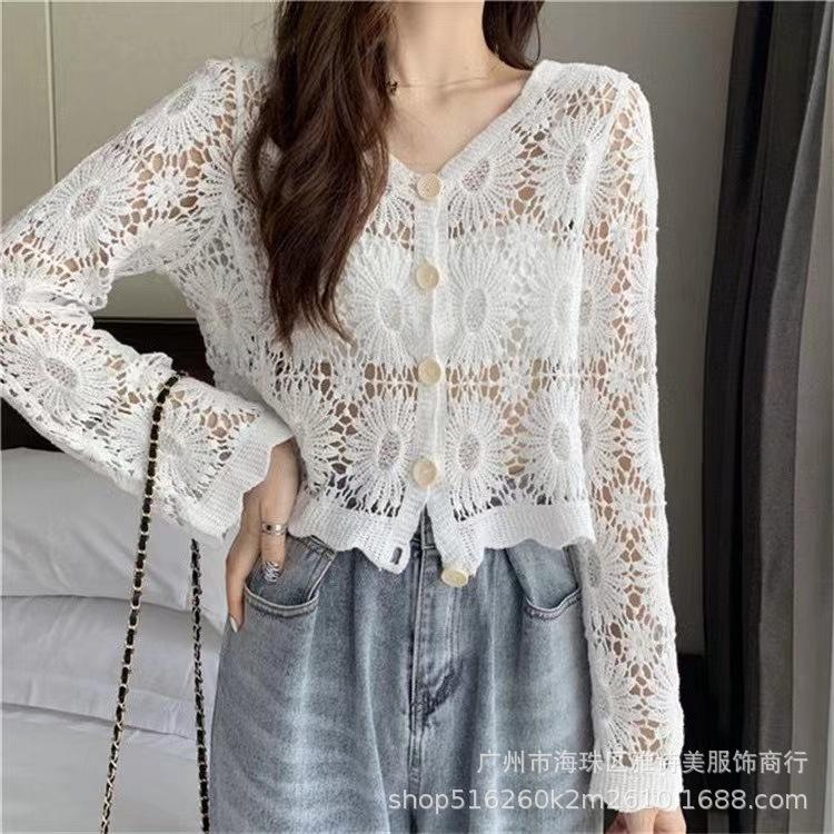 Fashion loose and thin hollow crochet knitted sweater women's new foreign style unique chic cardigan long-sleeved top